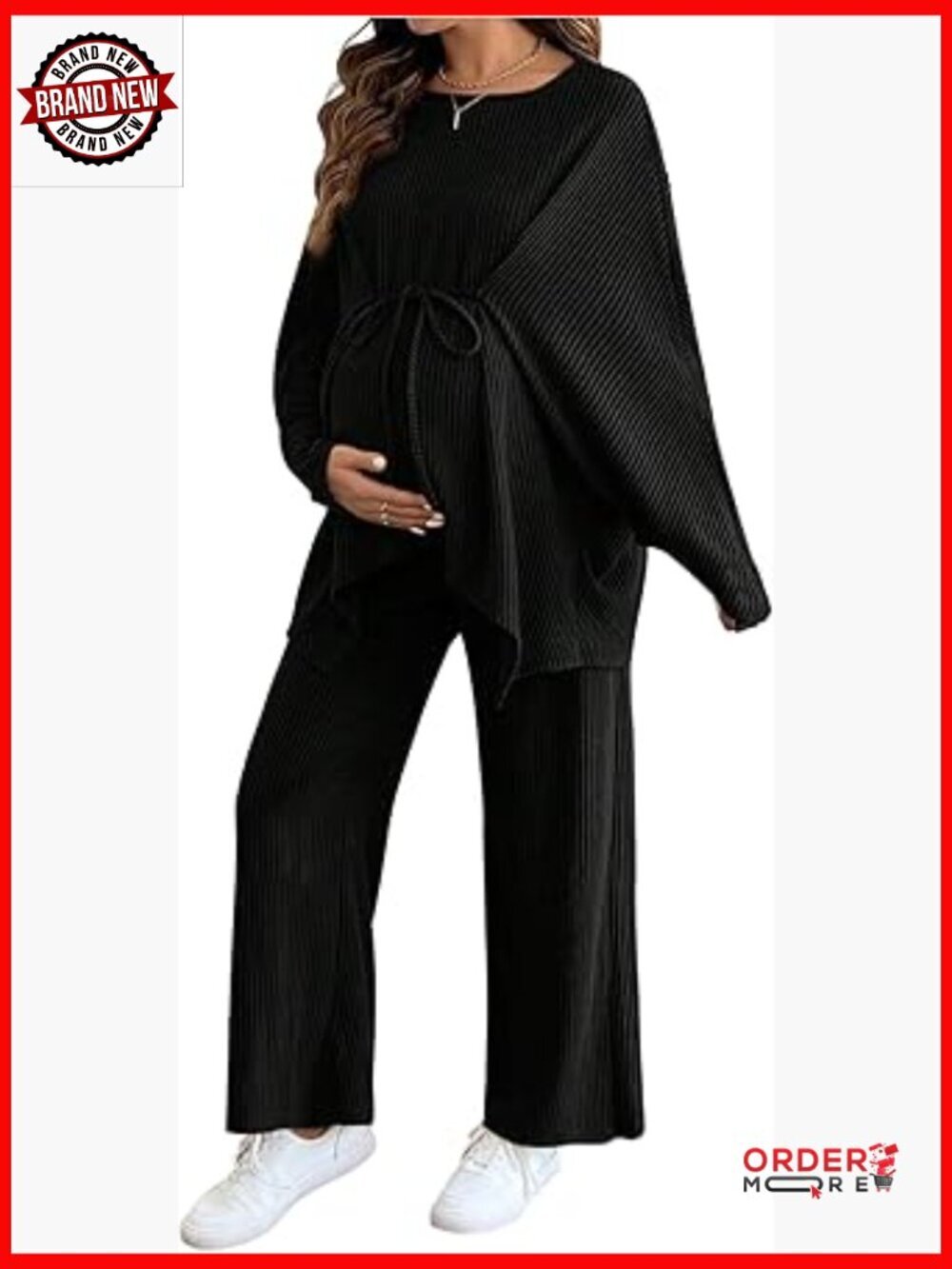Two Piece Maternity Set Crew Neck Dolman Sleeve Tie Front Tops and Pants